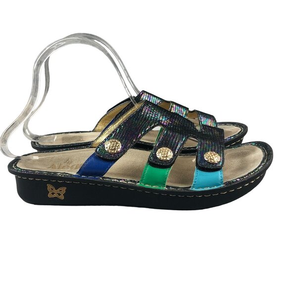 ALEGRIA Women's 38 (8-8.5) Venus Multicolor Gleam Leather Strappy Wedge Sandals - Picture 1 of 13
